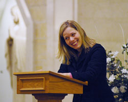 Catholic author Dawn Eden laughs during a chastity presentation she gave on Jan. 24 at Holy Name of Jesus Church in Beech Grove. (Photo by Sean Gallagher)	