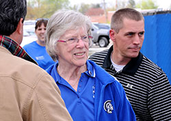 Benedictine Sister Louise Hoeing will be honored for her 60 years as a Catholic educator during a celebration on Sept. 29 at Bishop Chatard High School in Indianapolis, where she served for 38 years. To her right is Kevin Sowinski, the father of two Bishop Chatard students. (Submitted photo)