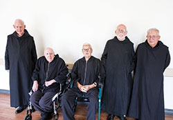 The five Saint Meinrad monks celebrating anniversaries this year pose in this May 23 photo. They are Benedictine Fathers Germain Swisshelm, left, Aurelius Boberek, Sebastian Leonard, Ephrem Carr and Matthias Neuman. (Submitted photo)